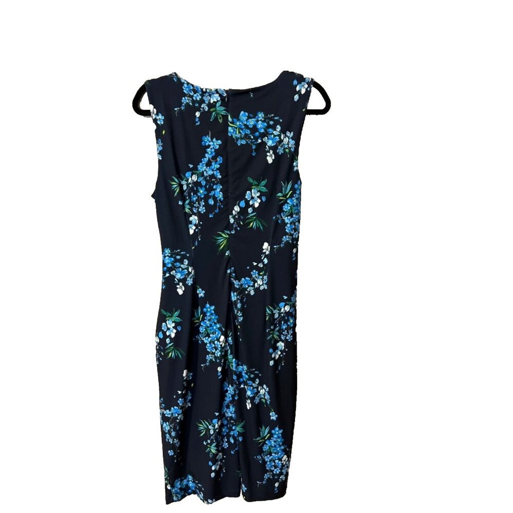 T Tahari Dress 10 Blue Floral Sleeveless Stretch Sheath Career Church Washable - Picture 7 of 9